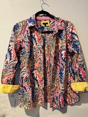 Talbots Multicolor Button-Up Blouse
with Yellow Polka Dot Cuffs
Sz M-p